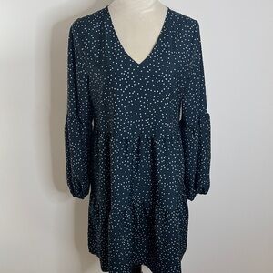 Elegant Teal Green and White Polka Dot Long Sleeve Dress